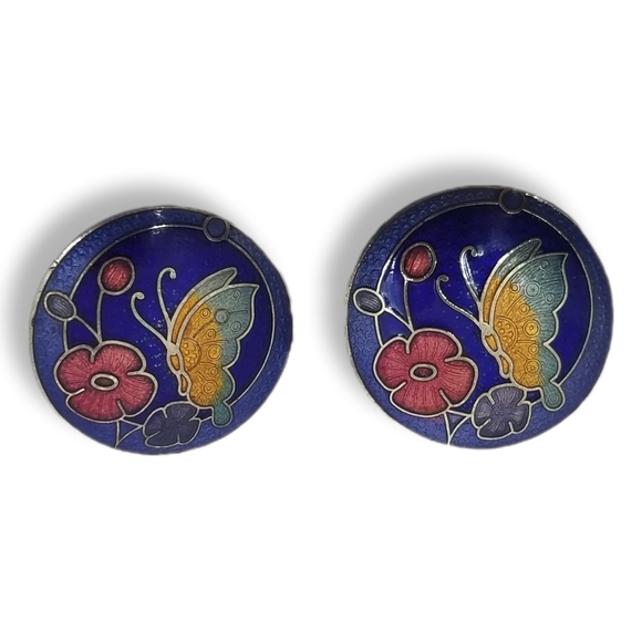VINTAGE CLOISONNE BUTTERFLY & FLOWER BUTTON CLIP ON EARRINGS - Picture 1 of 6